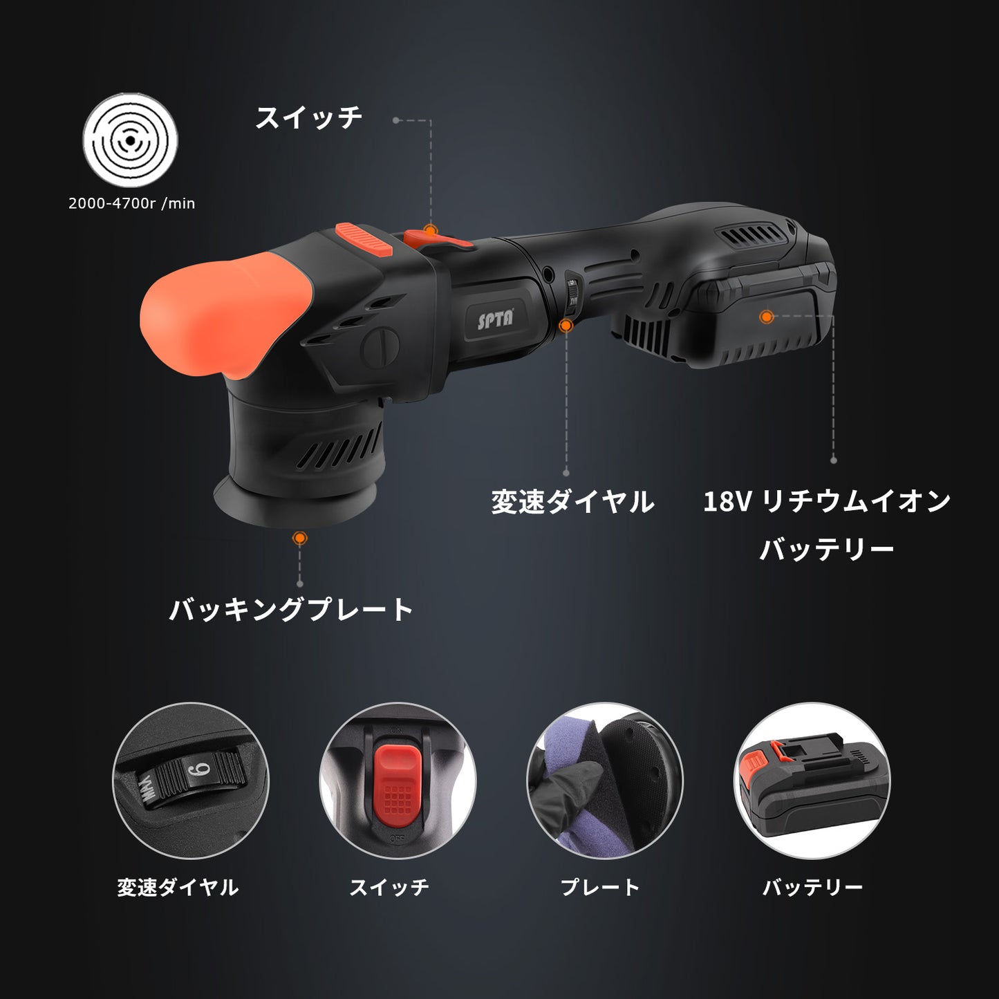 SPTA CP401 コードレスミニポリッシャー 3インチ 80mm ブラシレス 18V ダブルアクション 軽量1.69kg 【ホイールブラシ3本セット特典付きWE-BR3】【予約販売2026年5月以降順次発送】