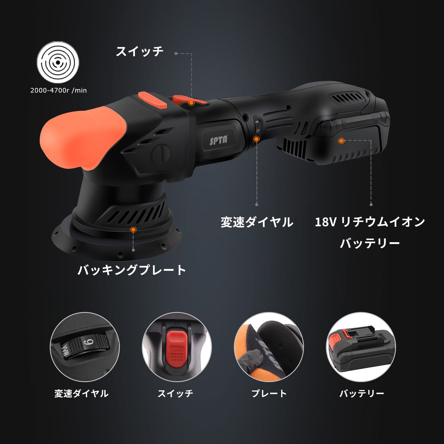 SPTA CP404 コードレスポリッシャー 5インチ 125mm ダブルアクション ブラシレス 18V 【ホイールブラシ3本セット特典付きWE-BR3】【予約販売2026年5月以降順次発送】