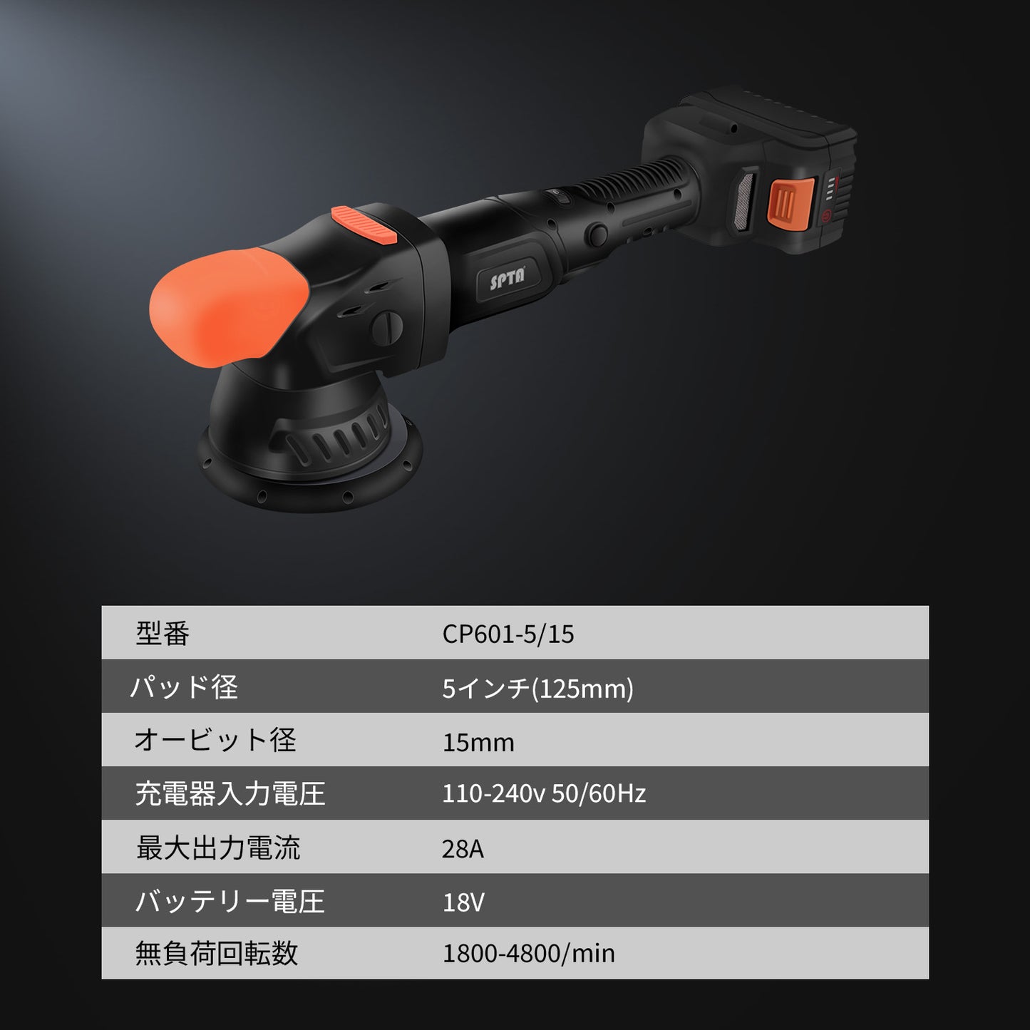 SPTA CP601 コードレスオービタルポリッシャー 5インチ 125mm 最大21mmオービット ブラシレス 18V 【ホイールブラシ3本セット特典付きWE-BR3】【予約販売2026年5月以降順次発送】
