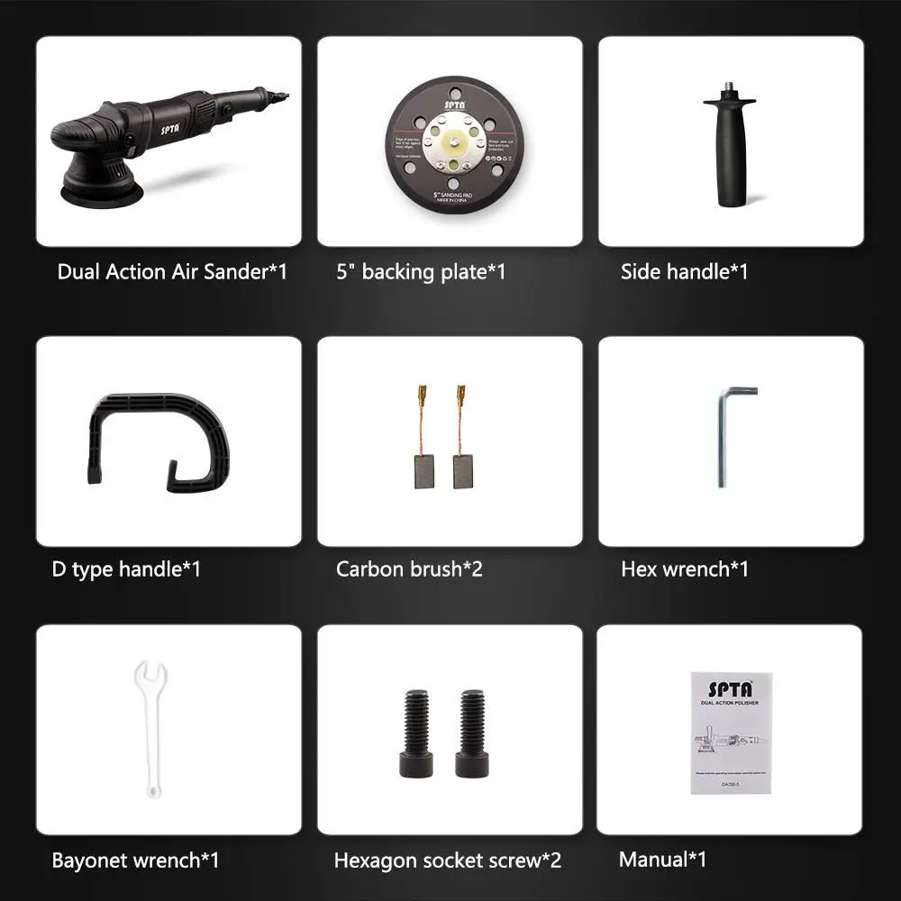 SPTA DA502 ダブルアクションポリッシャー 125mm 5インチ オービット15mm 780W プロ仕様 ランダムオービット【ホイールブラシ3本セット特典付きWE-BR3】